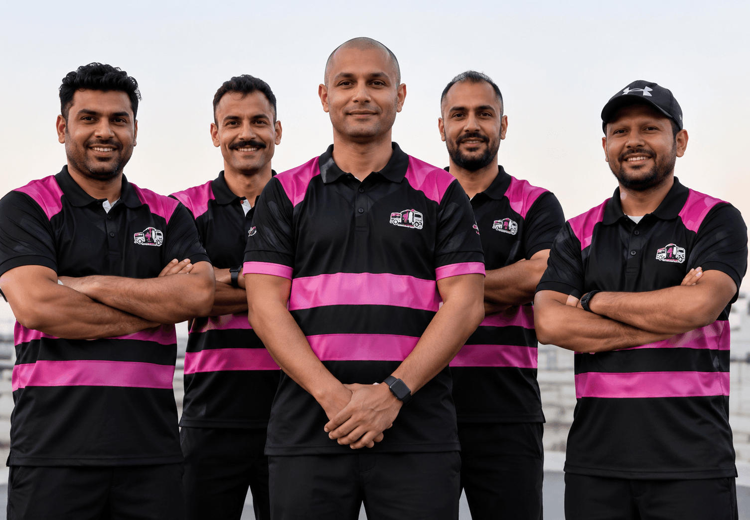 The Nine Recovery crew in branded pink and black uniform