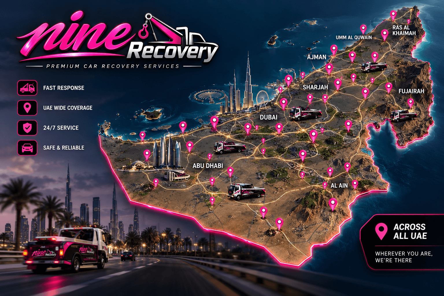 Map of Nine Recovery coverage across all seven emirates of the UAE